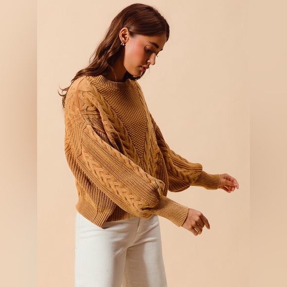 NWT So Me Camel Brown Mineral Washed Cable Knit Ribbed Boho Bubble Sweater XL - Picture 6 of 7